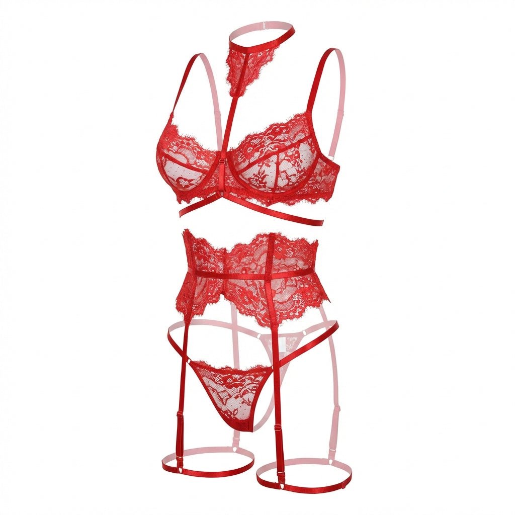 Red Floral Lace Corset Four Piece Set - MARELIA