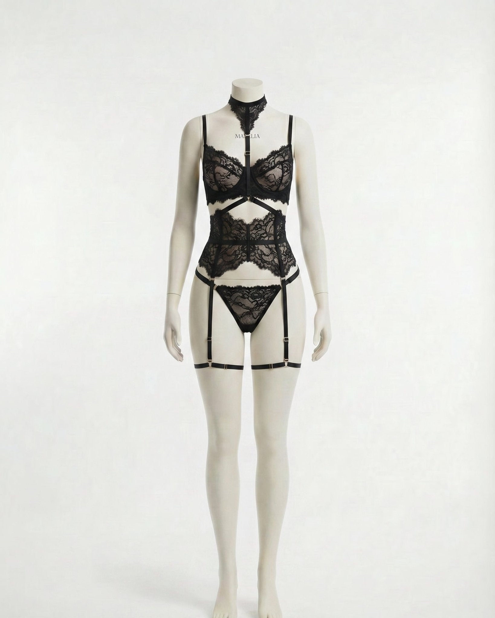 Black Floral Lace Corset Four Piece Set - MARELIA