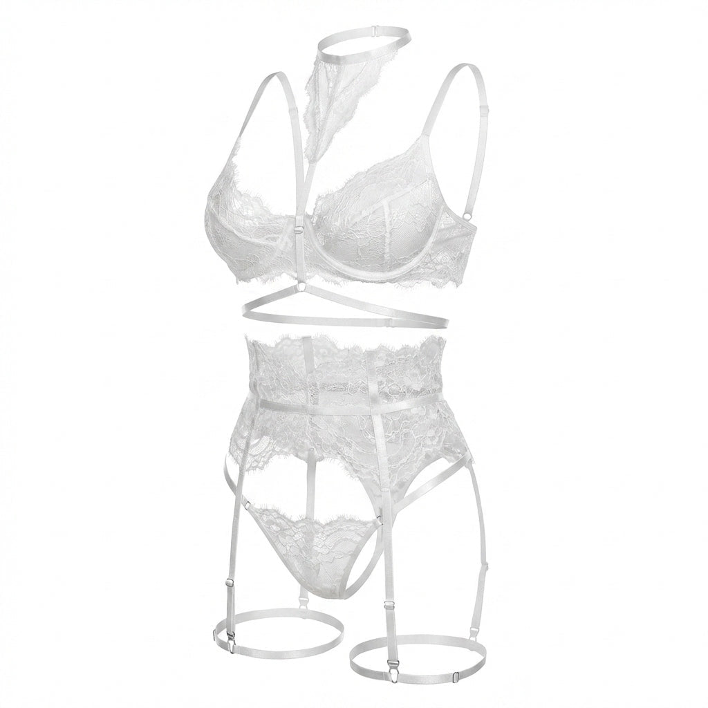 White Floral Lace Corset Four Piece Set - MARELIA