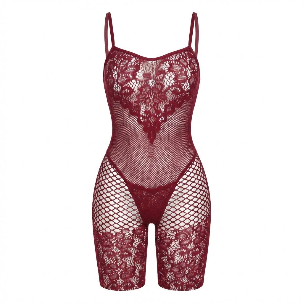 Burgundy Floral Lace Fishnet Bodystocking - MARELIA