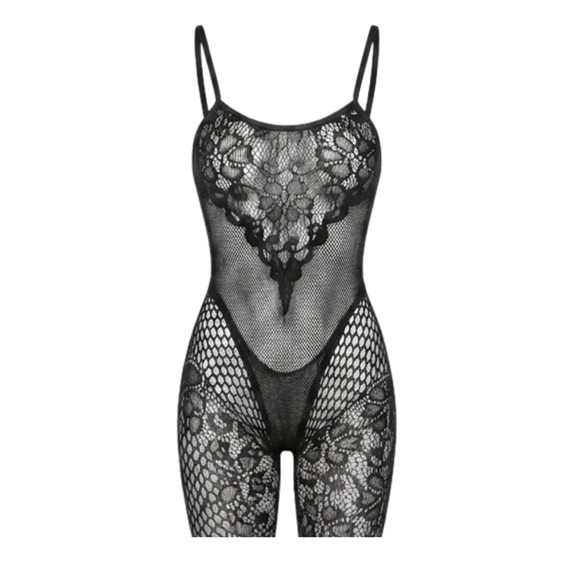 Black Floral Lace Fishnet Bodystocking - MARELIA