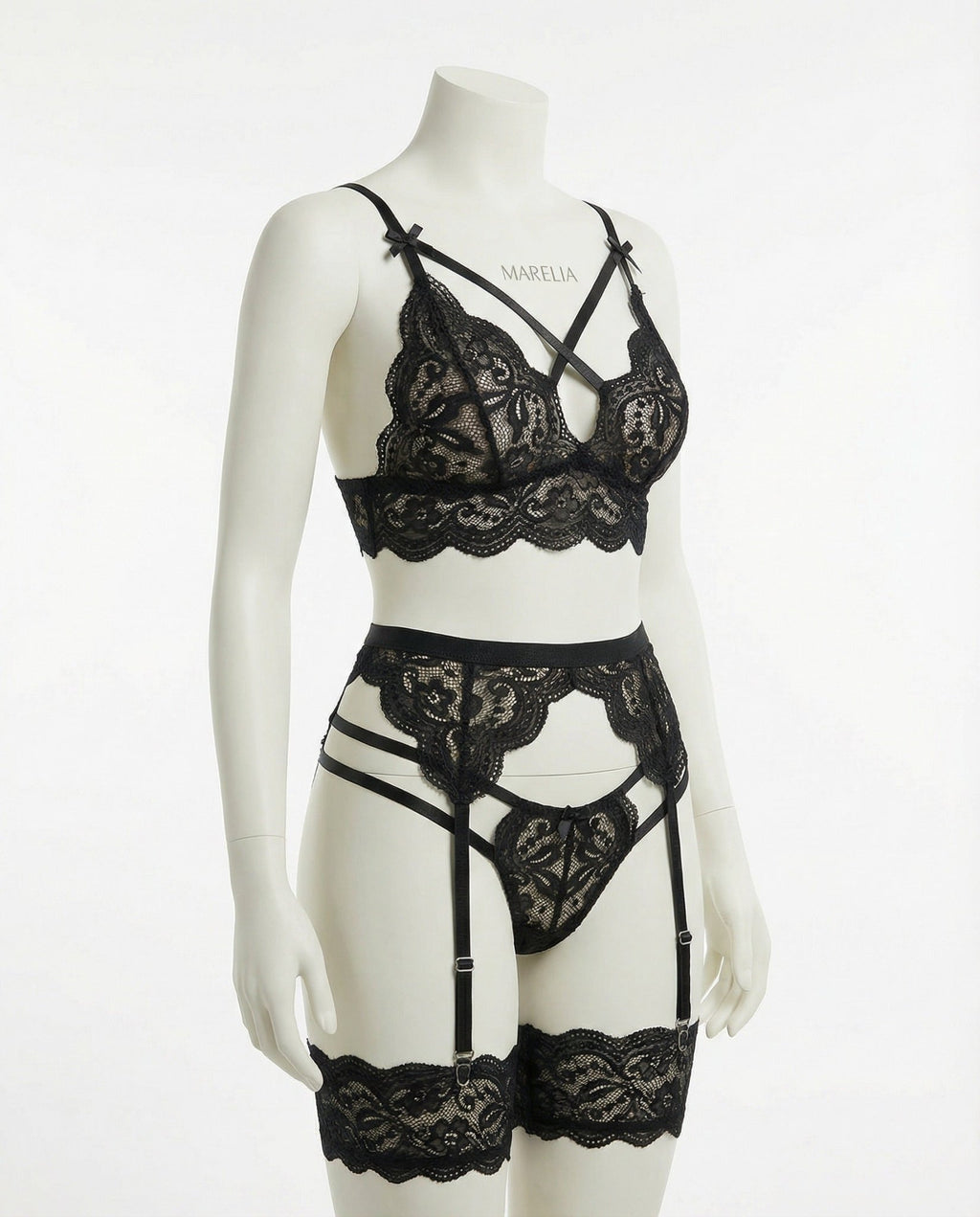Black floral lace four piece lingerie set