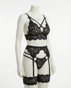 Black floral lace four piece lingerie set