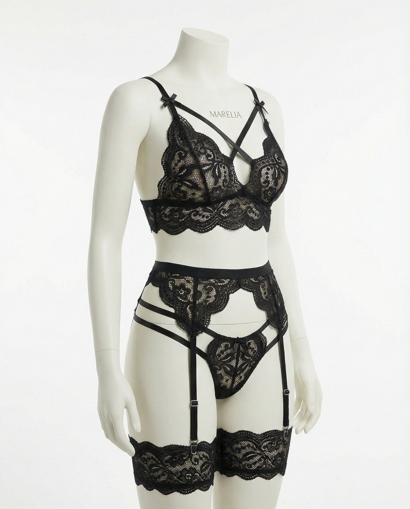 Black floral lace four piece lingerie set