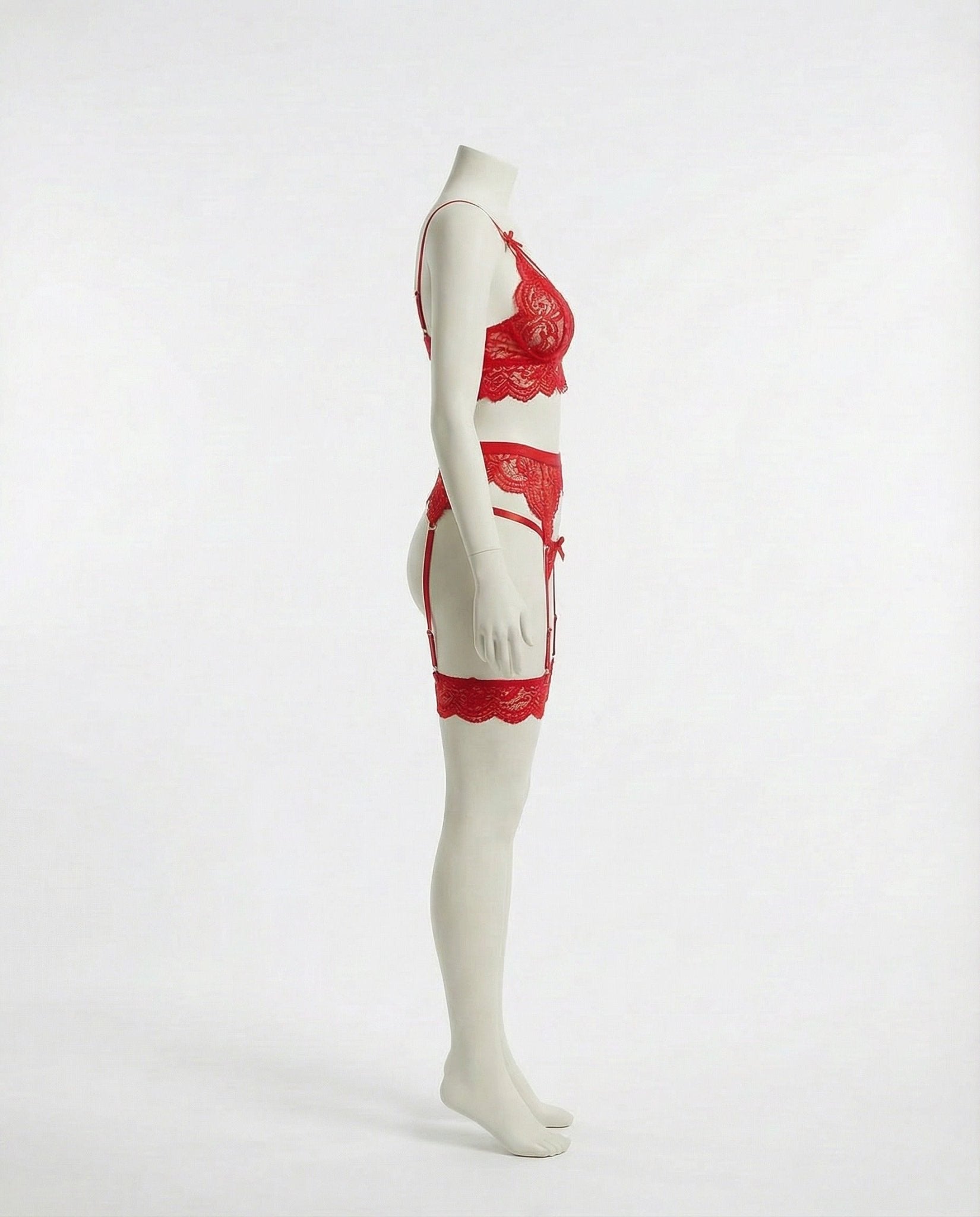 Red floral lace four piece lingerie set