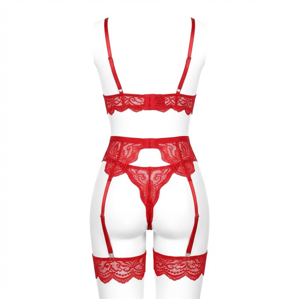 Red floral lace four piece lingerie set