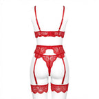 Red floral lace four piece lingerie set
