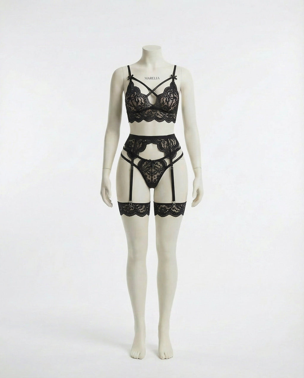 Black floral lace four piece lingerie set