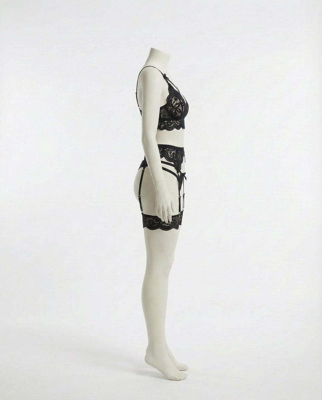 Black floral lace four piece lingerie set