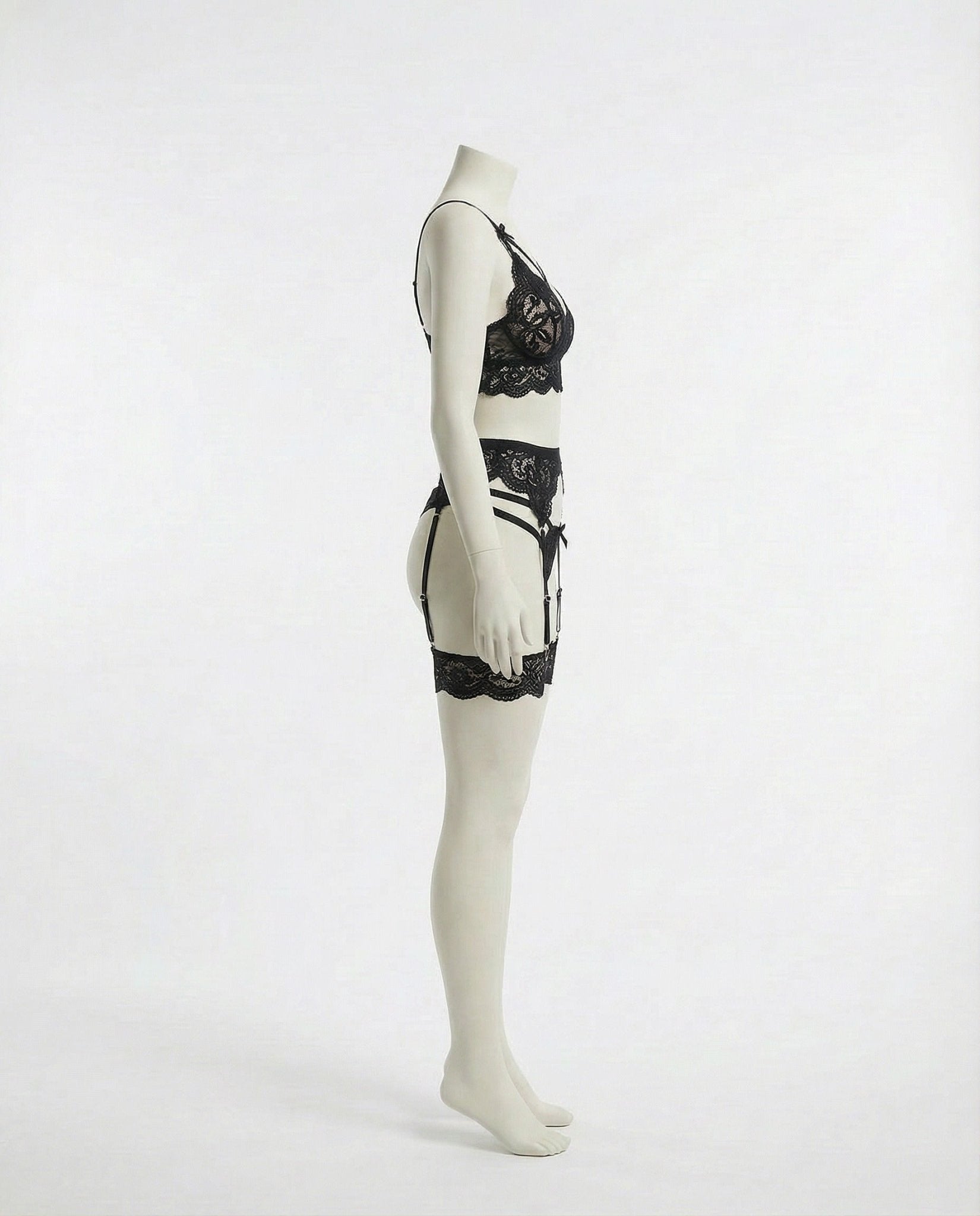 Black floral lace four piece lingerie set