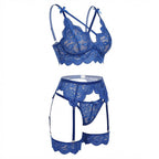 Blue floral lace four piece lingerie set
