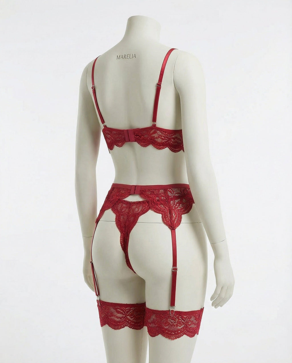 Burgundy floral lace four piece lingerie set