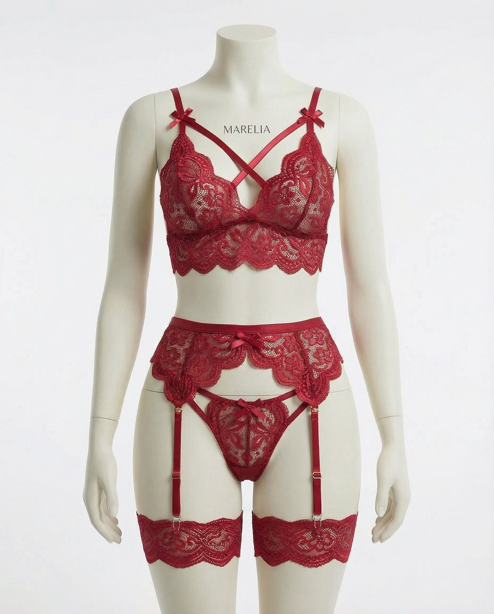 Burgundy floral lace four piece lingerie set