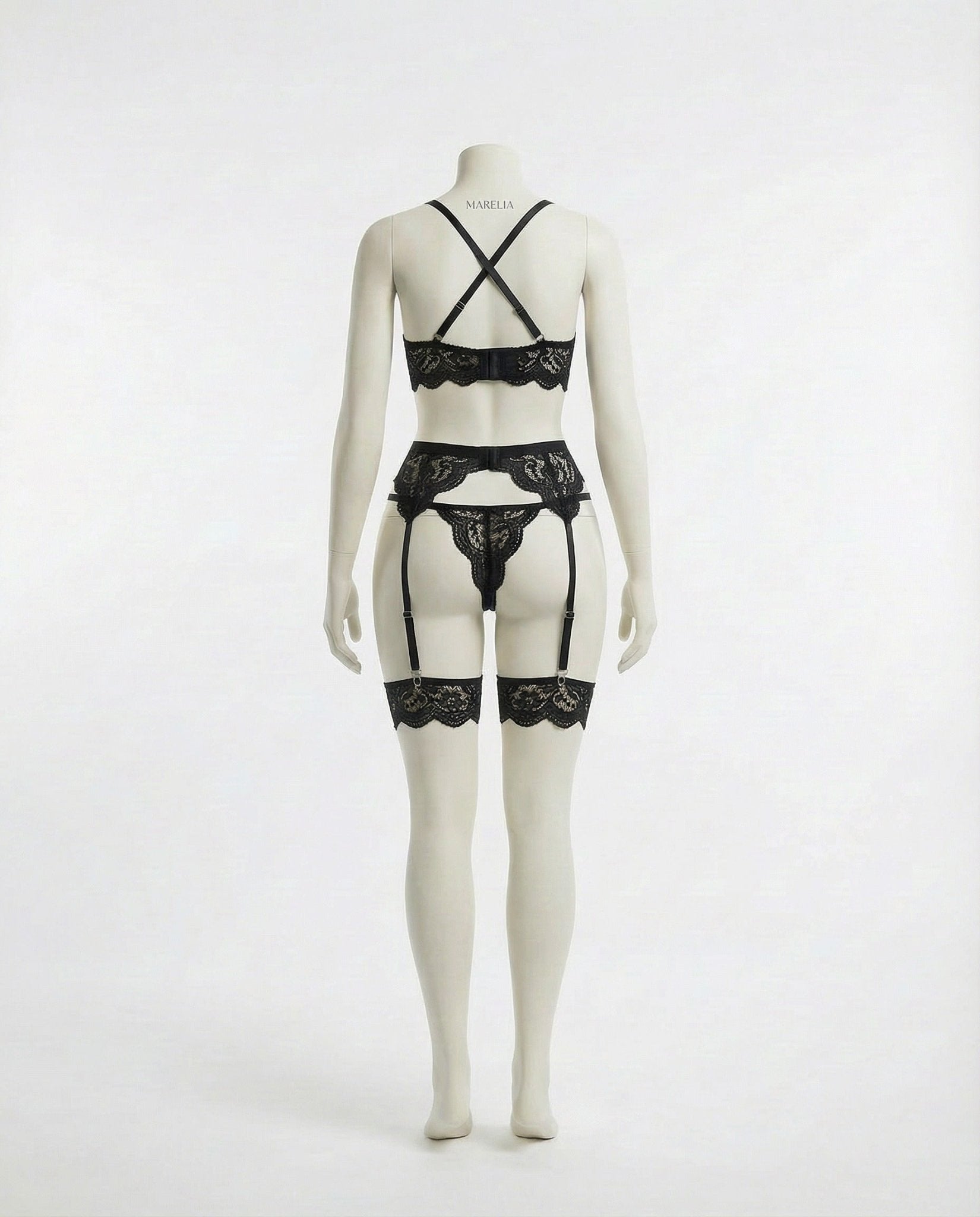 Black floral lace four piece lingerie set