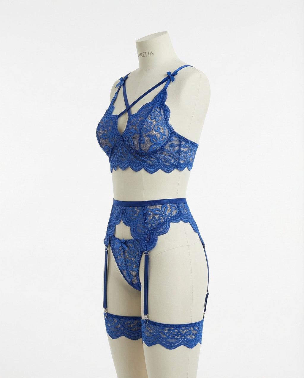 Blue floral lace four piece lingerie set
