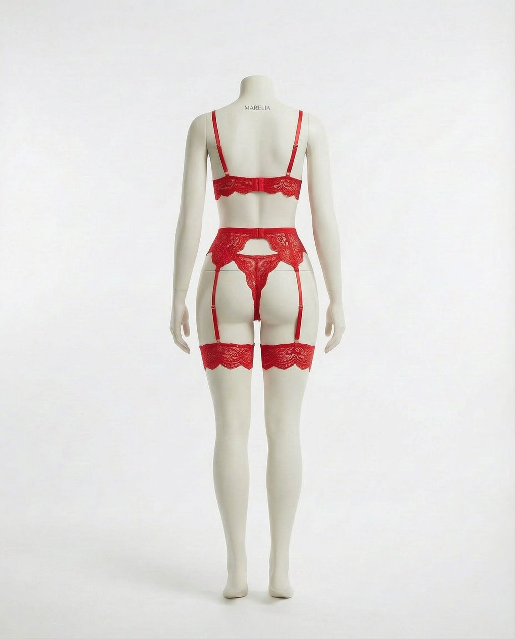 Red floral lace four piece lingerie set