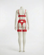 Red floral lace four piece lingerie set