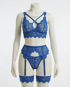 Blue floral lace four piece lingerie set