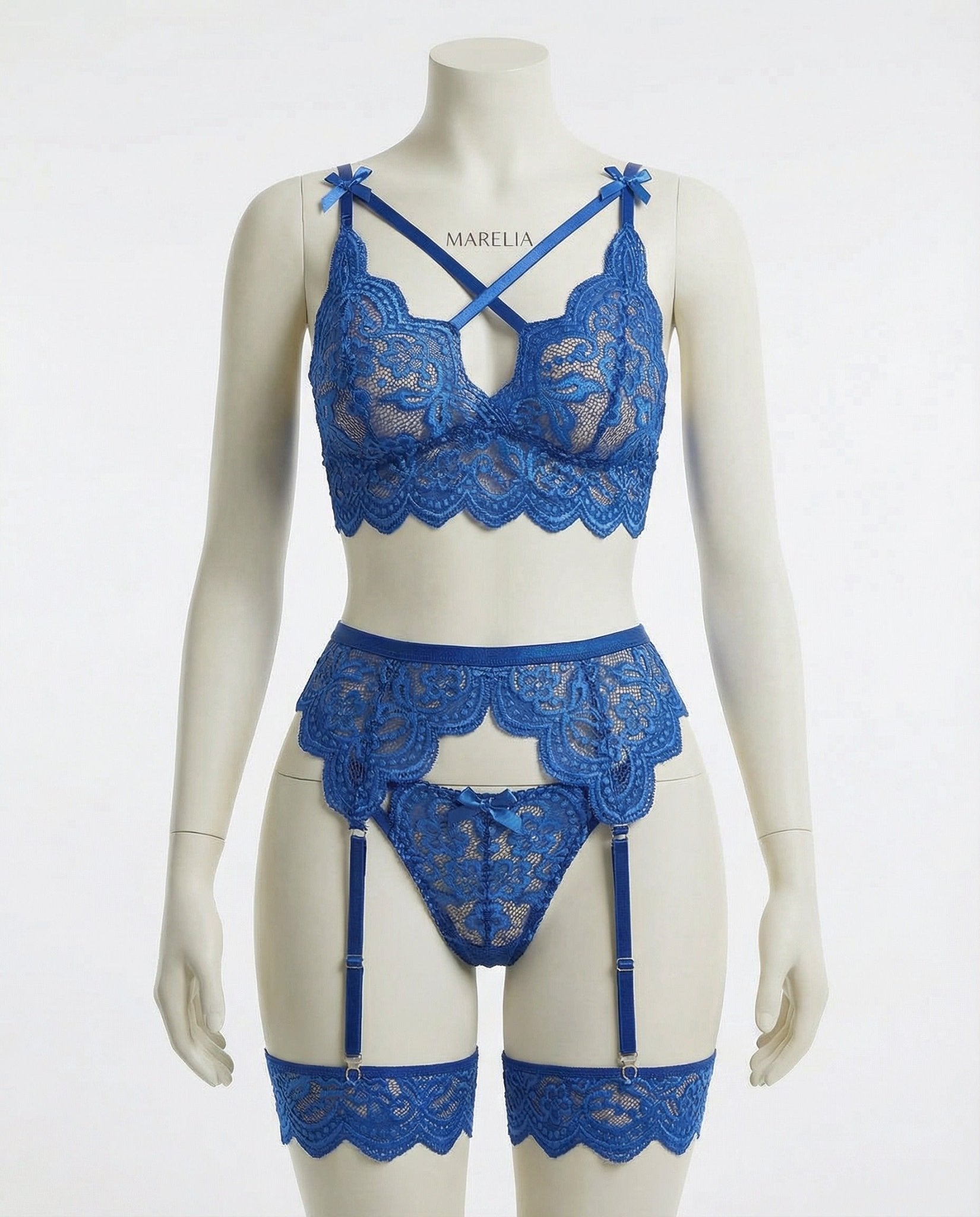 Blue floral lace four piece lingerie set