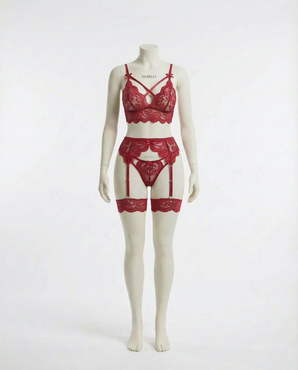 Burgundy floral lace four piece lingerie set
