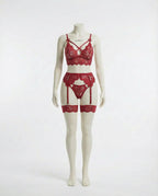 Burgundy floral lace four piece lingerie set