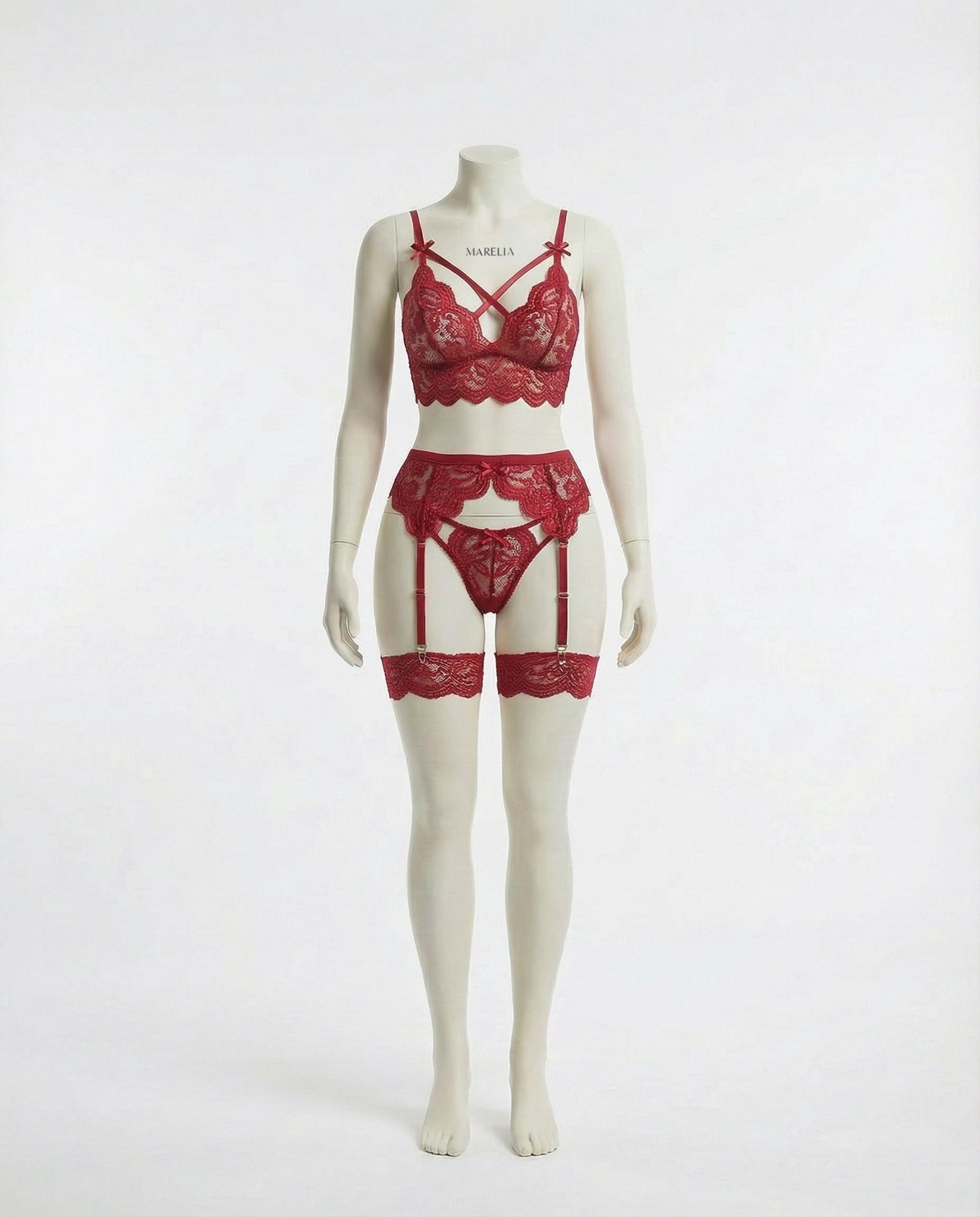 Burgundy floral lace four piece lingerie set