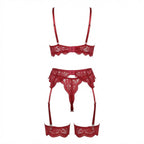 Burgundy floral lace four piece lingerie set