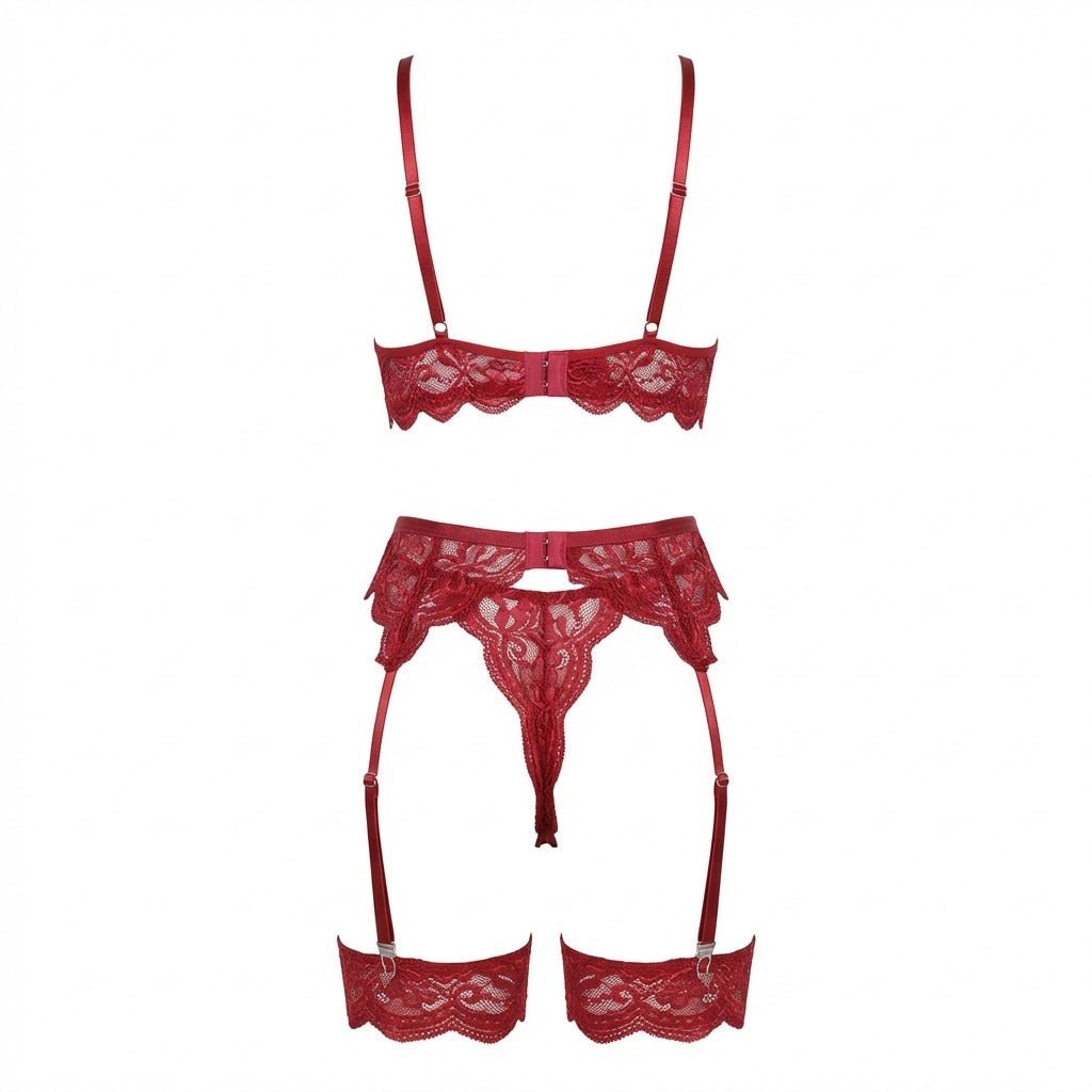 Burgundy floral lace four piece lingerie set