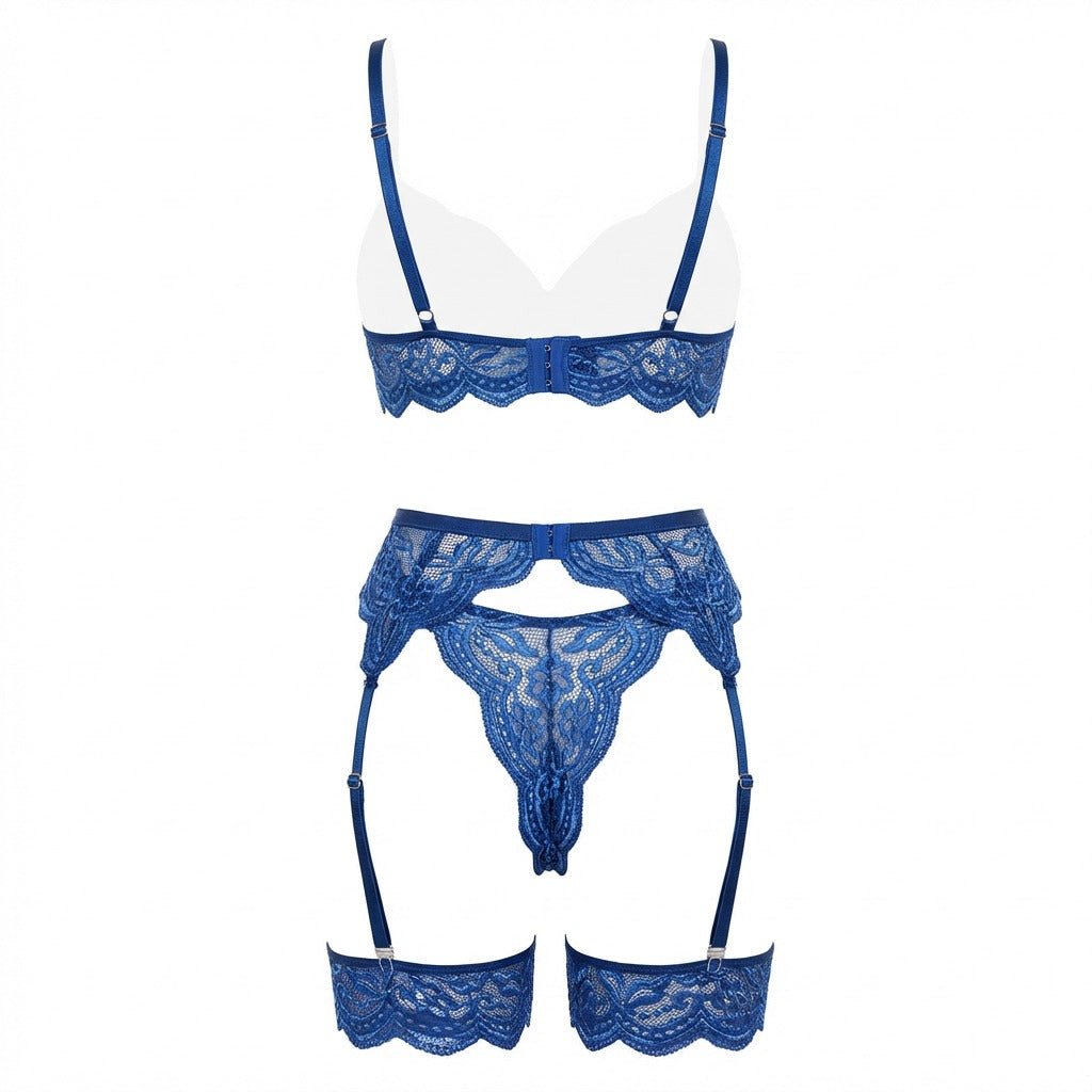 Blue floral lace four piece lingerie set