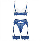 Blue floral lace four piece lingerie set