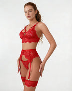 Red floral lace four piece lingerie set - Marelia