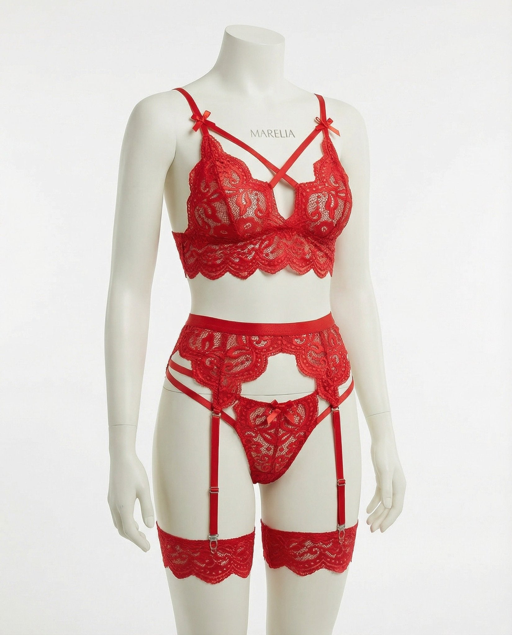 Red floral lace four piece lingerie set