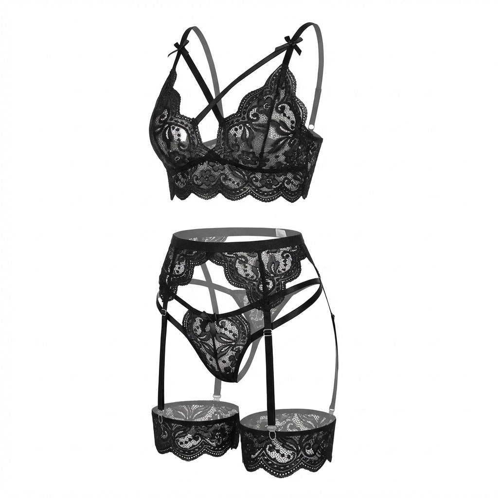 Black floral lace four piece lingerie set