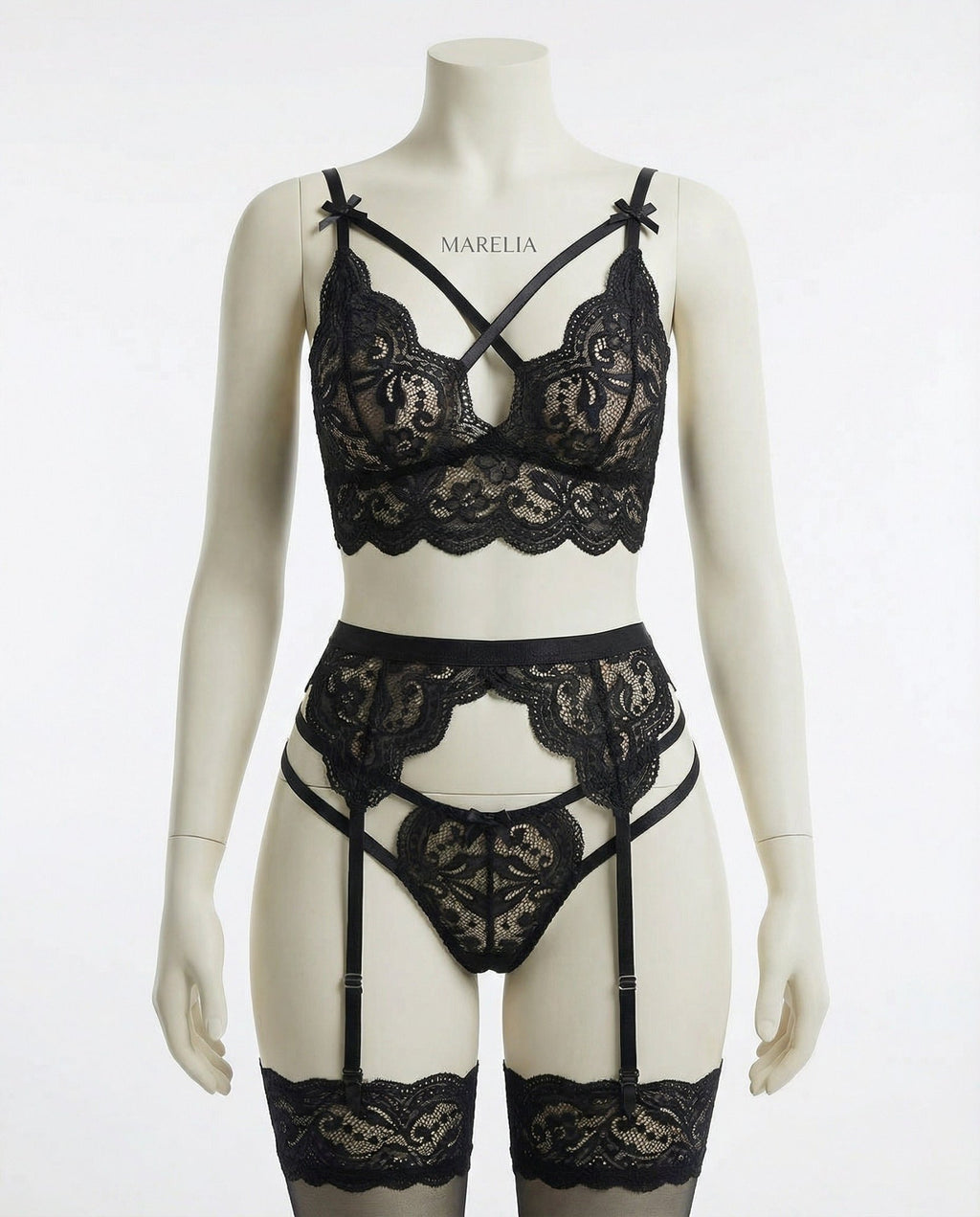 Black floral lace four piece lingerie set