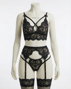 Black floral lace four piece lingerie set