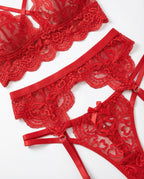 Red floral lace four piece lingerie set
