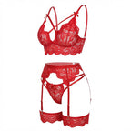 Red floral lace four piece lingerie set - Marelia