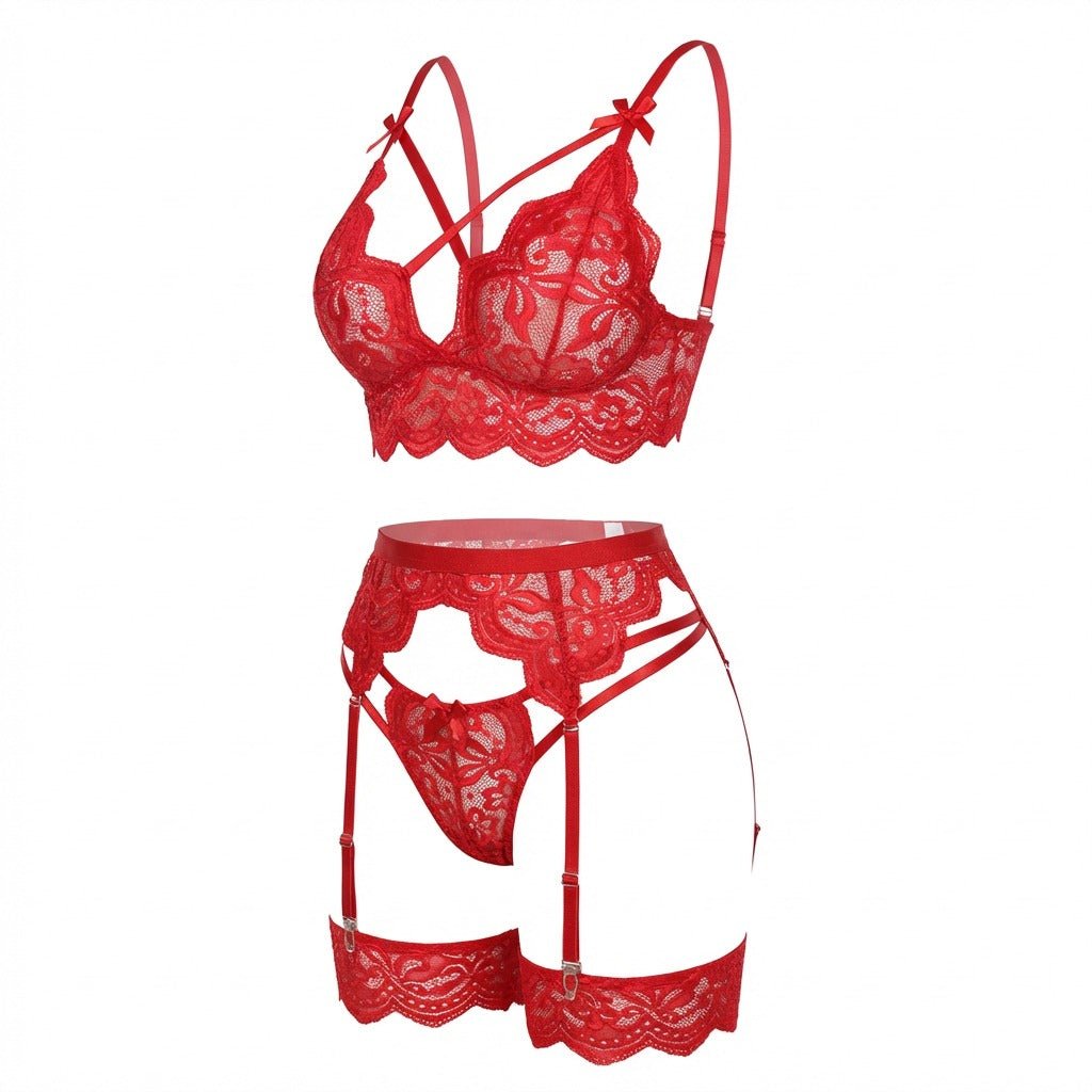 Red floral lace four piece lingerie set