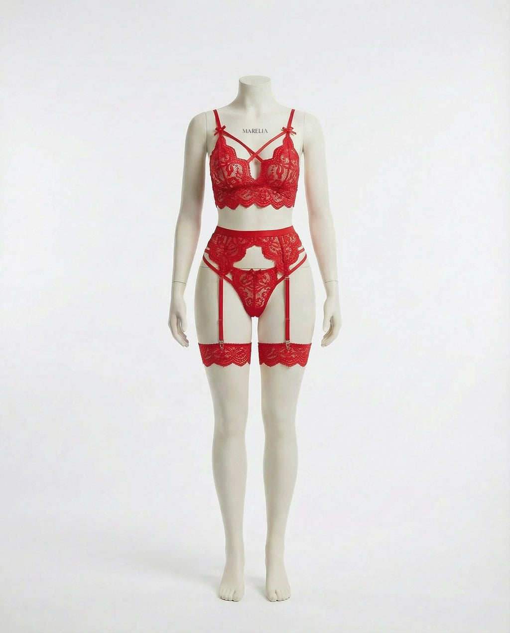 Red floral lace four piece lingerie set