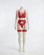 Red floral lace four piece lingerie set