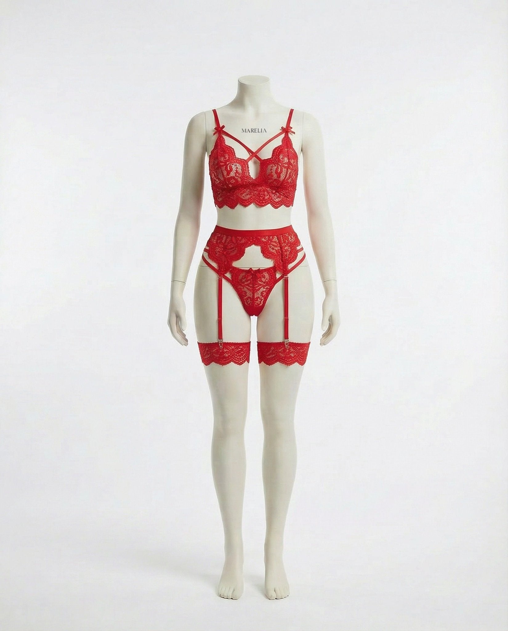 Red floral lace four piece lingerie set