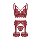 Burgundy floral lace four piece lingerie set