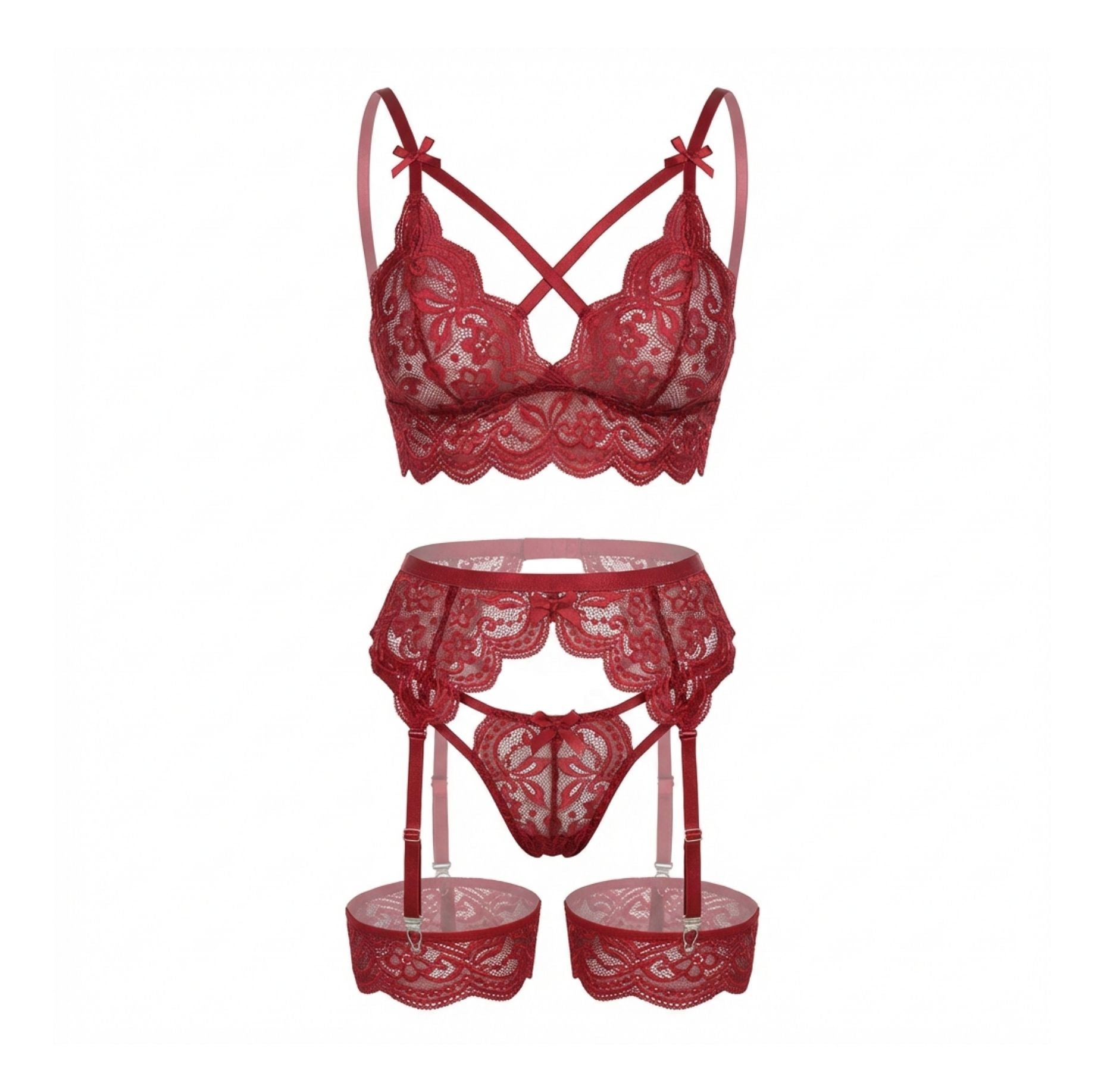 Burgundy floral lace four piece lingerie set