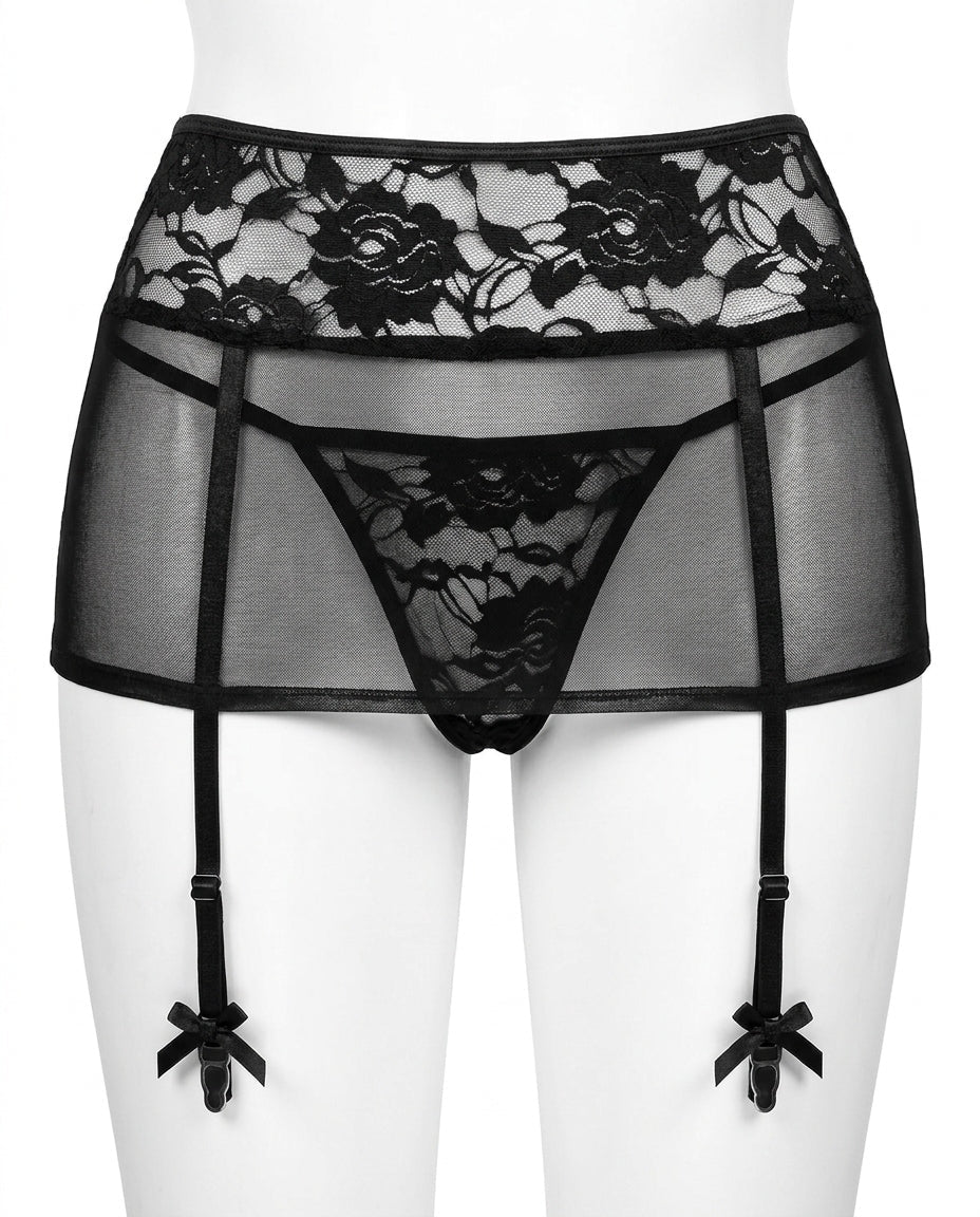 Black Floral Lace Garter Belt Skirt With Suspenders - MARELIA