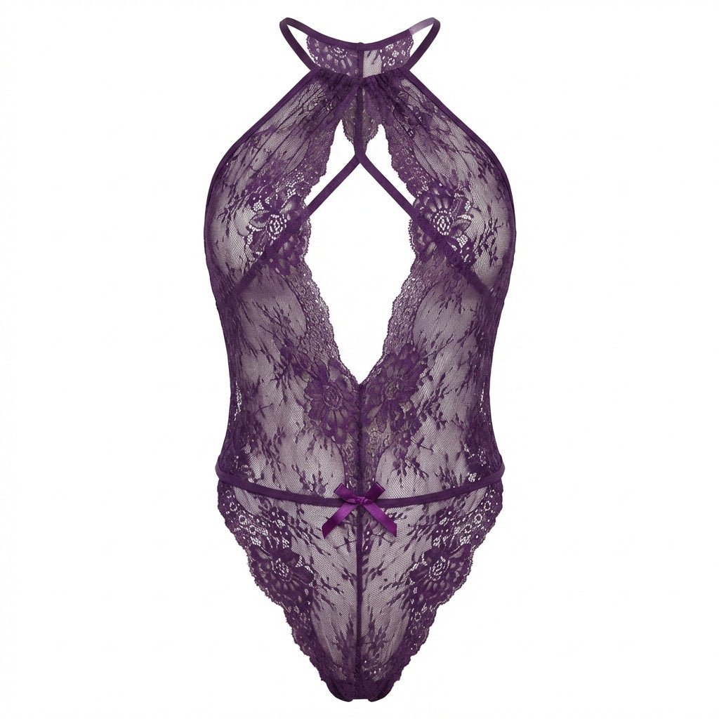 Purple Sheer Floral Lace Halter Bodysuit - MARELIA