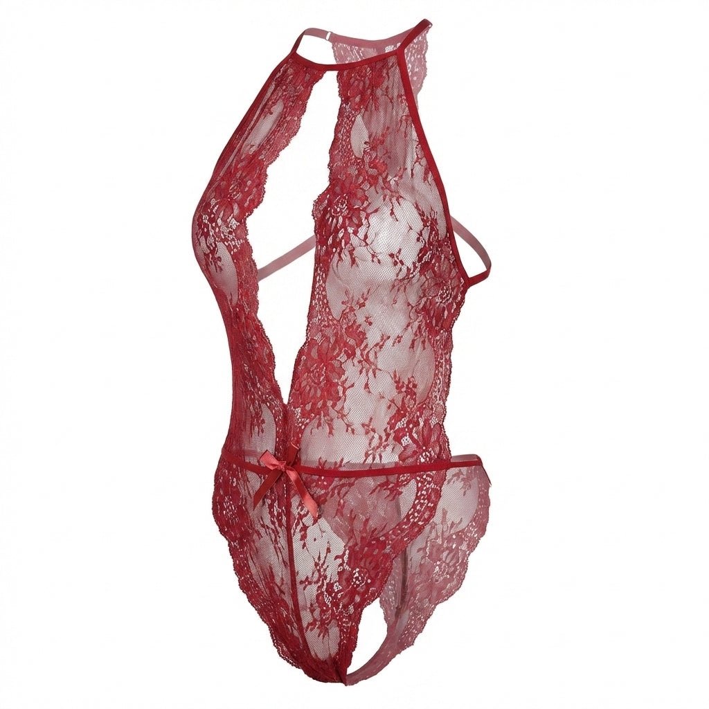 Burgundy Sheer Floral Lace Halter Bodysuit - MARELIA