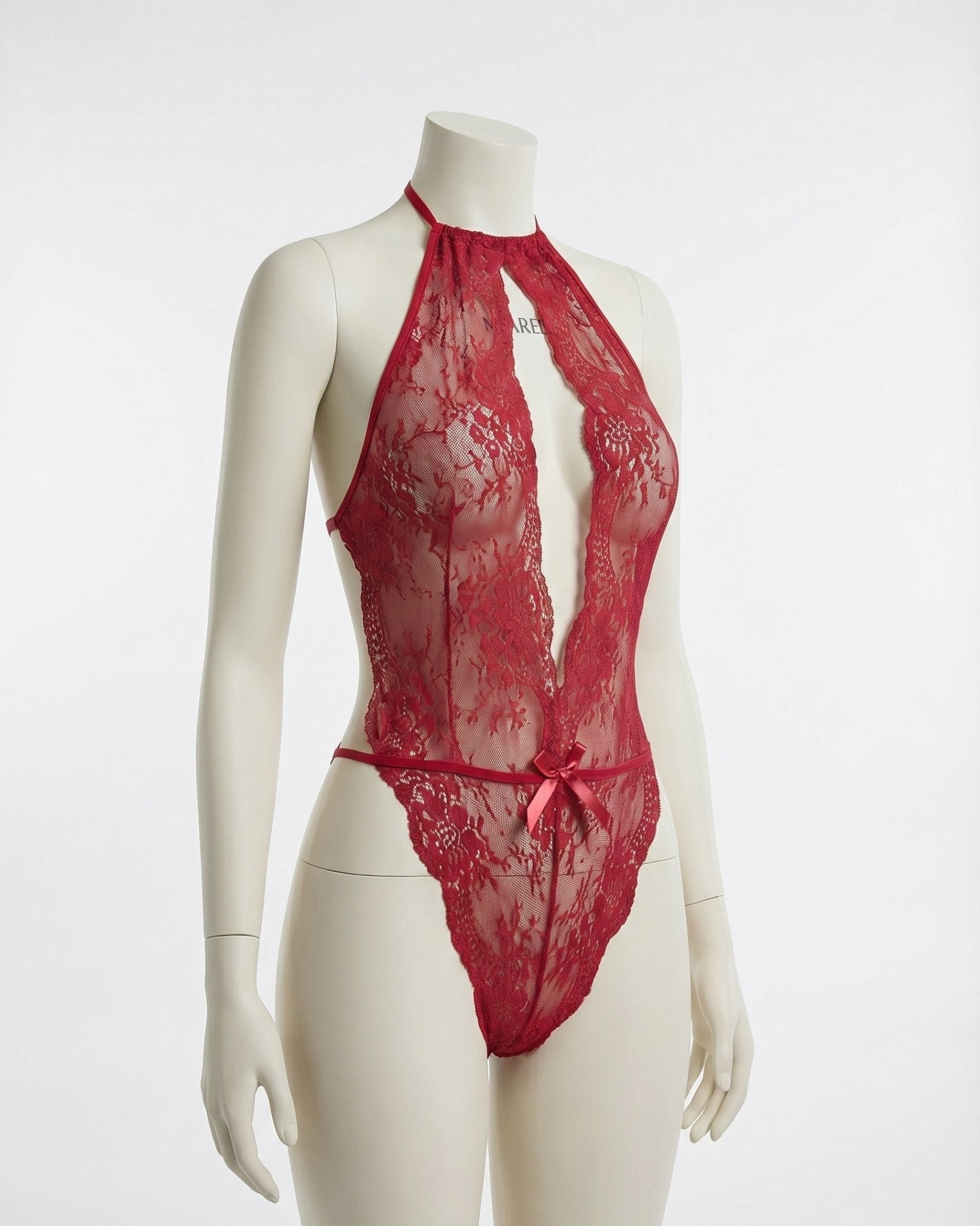 Burgundy Sheer Floral Lace Halter Bodysuit - MARELIA