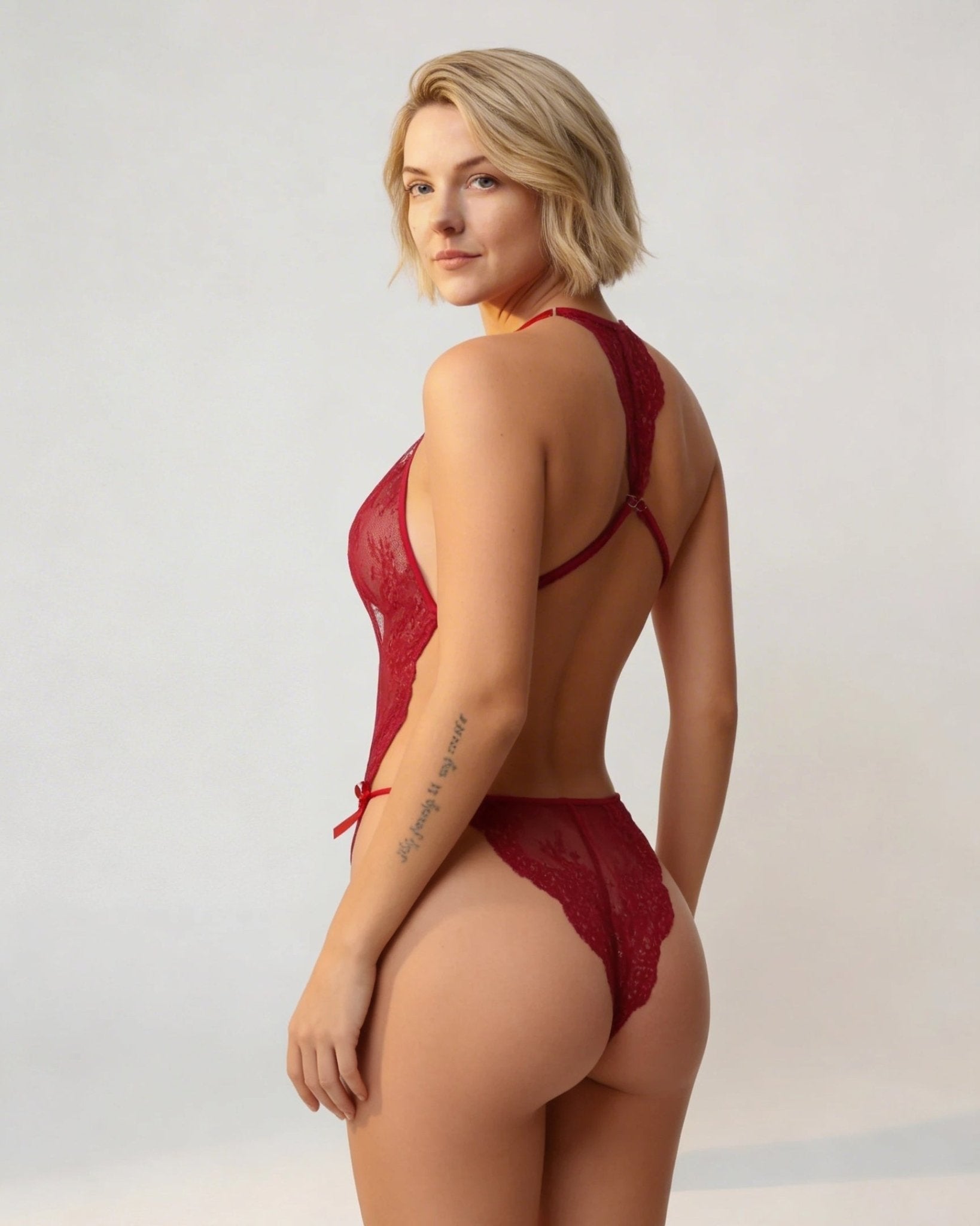 Burgundy Sheer Floral Lace Halter Bodysuit - MARELIA