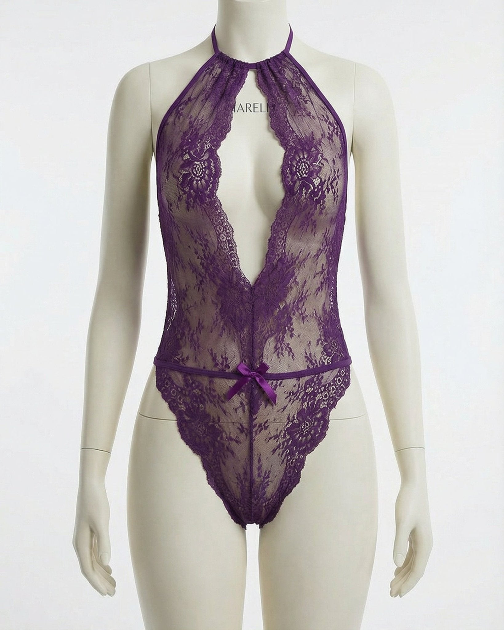 Purple Sheer Floral Lace Halter Bodysuit - MARELIA