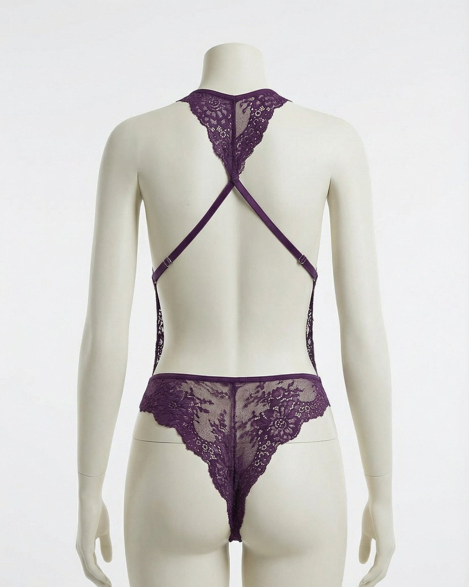 Purple Sheer Floral Lace Halter Bodysuit - MARELIA
